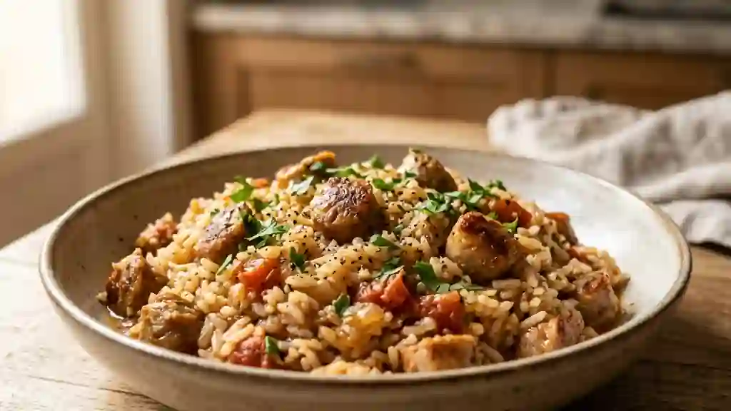 Poêlée de riz fondant à la saucisse et tomates - Photo de présentation