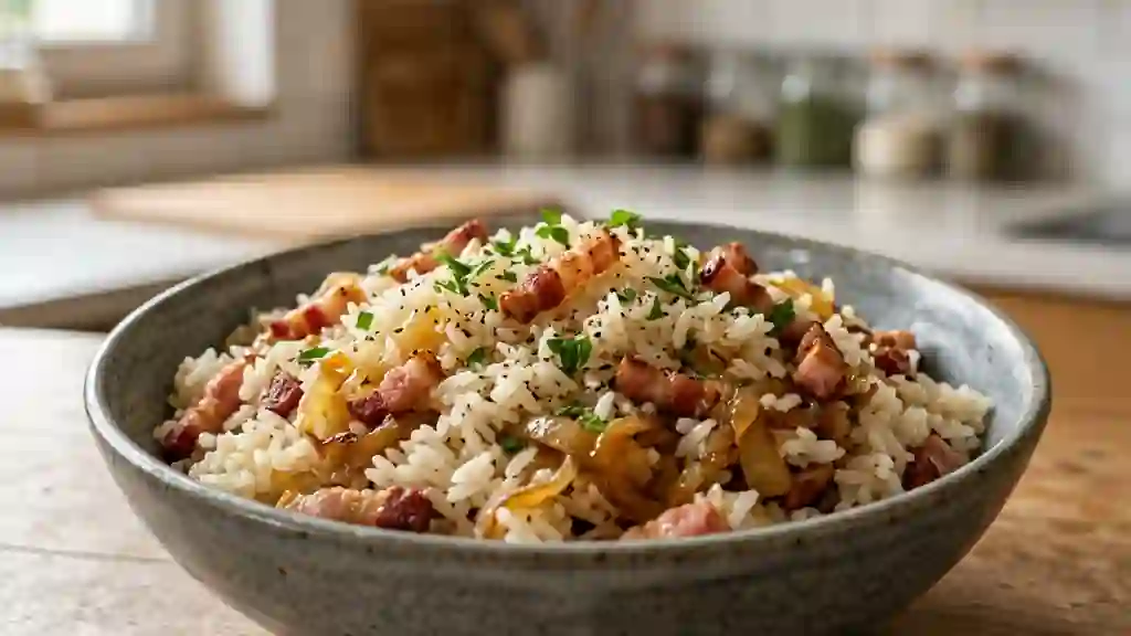 Riz sauté au lard fumé et oignons fondants - Photo de présentation