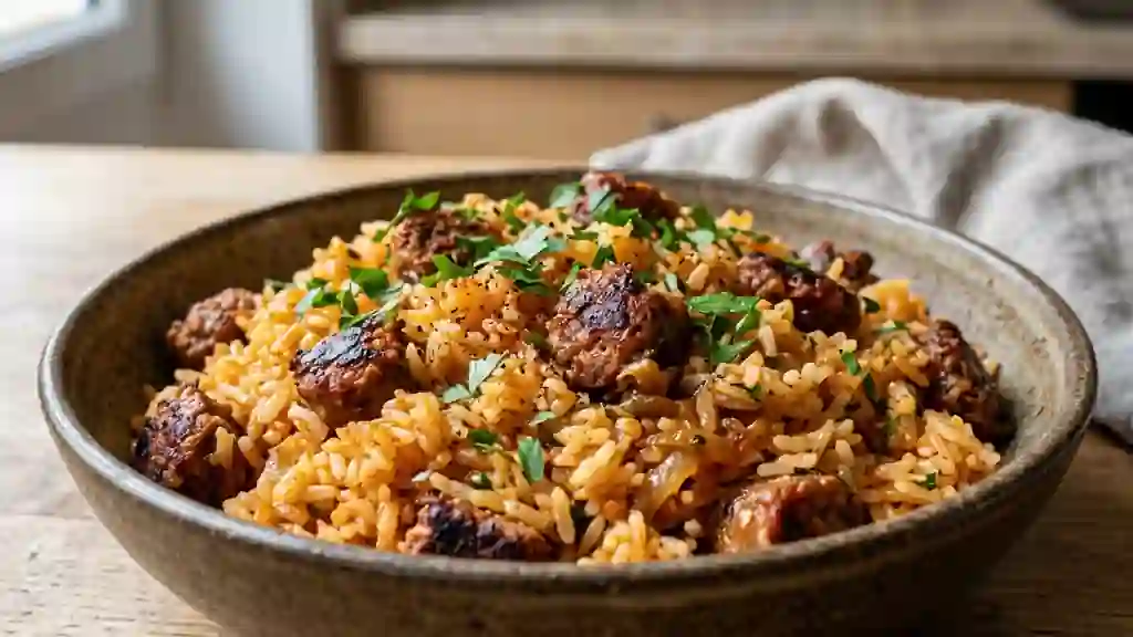 Riz fondant aux merguez épicées et paprika - Photo de présentation