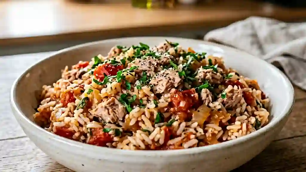 Riz fondant au thon et tomates fraîches - Photo de présentation