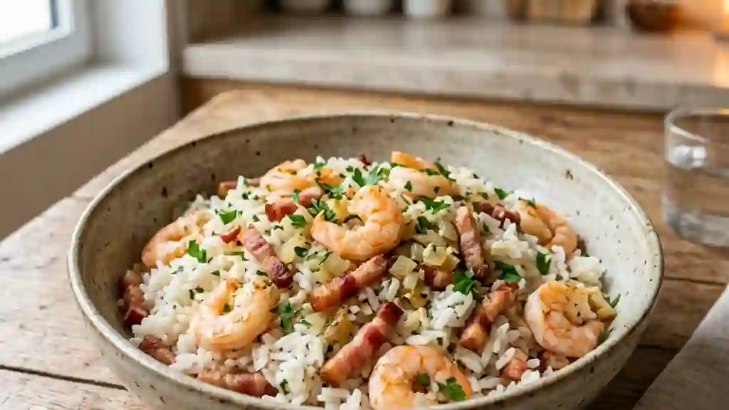 Riz Sauté Terre-Mer aux Crevettes et Lardons - Photo de présentation