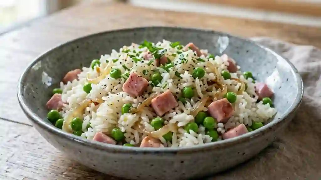 Riz sauté aux petits pois et jambon fondant - Photo de présentation