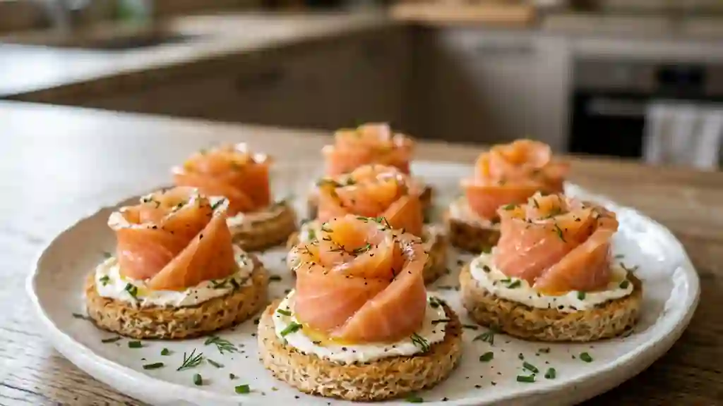 Roses de saumon fondantes sur pain grillé - Photo de présentation