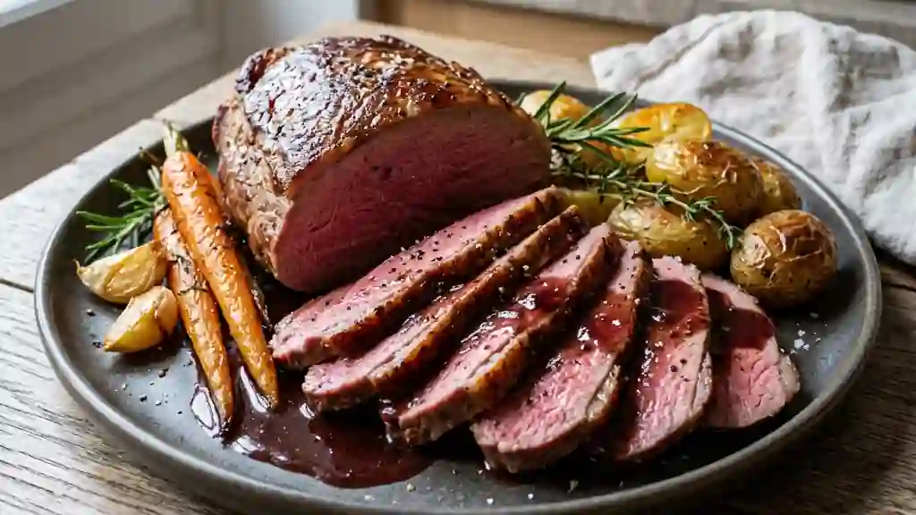 Rôti d'autruche fondant au vin rouge - Photo de présentation