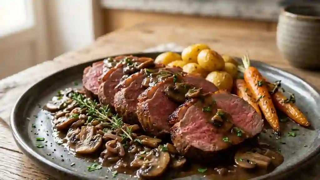 Rôti de biche fondant aux champignons - Photo de présentation