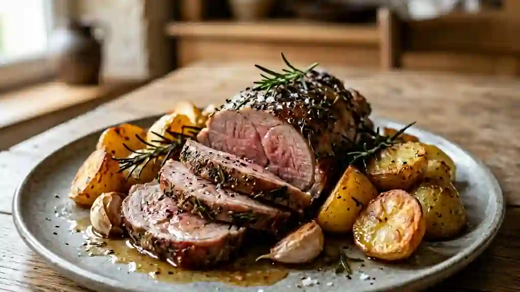 Chevreau rôti au romarin et pommes fondantes - Photo de présentation