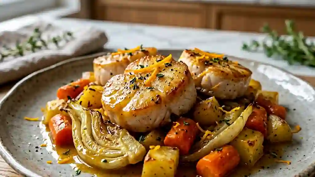 Rôti de lotte nacré et légumes fondants à l'orange - Photo de présentation