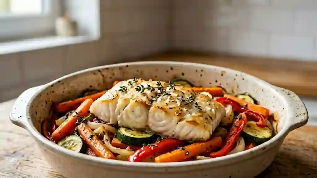 Poisson au four fondant aux légumes d'été - Photo de présentation