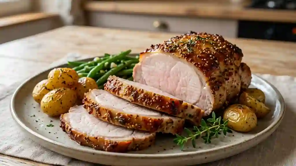 Rôti de porc juteux en croûte de moutarde - Photo de présentation