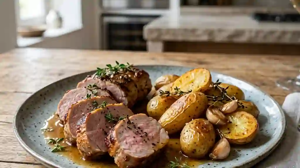 Rôti de porc juteux à l'ail et rattes fondantes - Photo de présentation