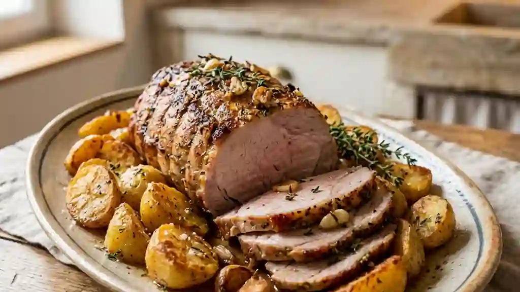 Rôti de porc confit à l'ail et pommes de terre - Photo de présentation
