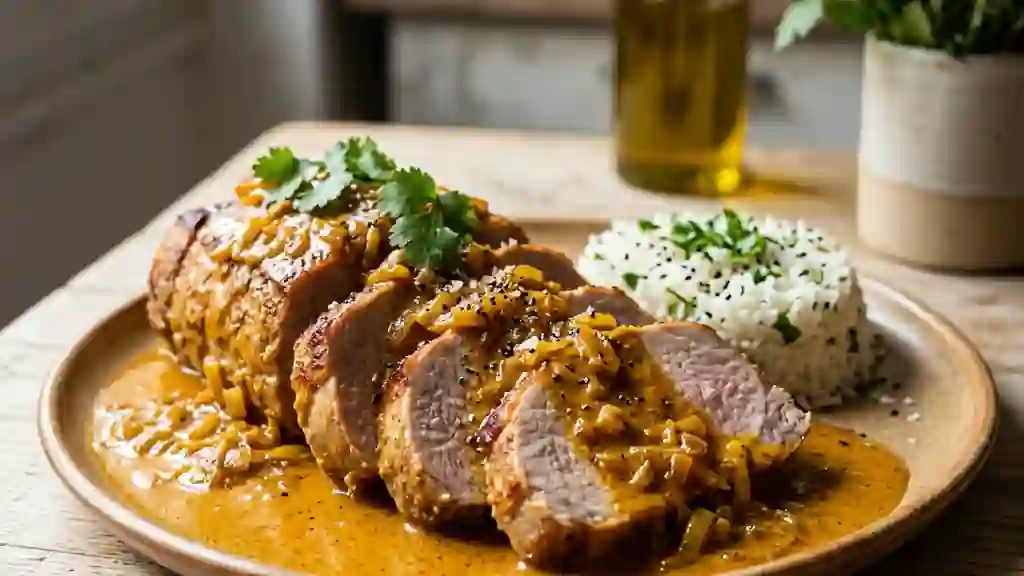 Rôti de porc fondant et sa sauce curry - Photo de présentation