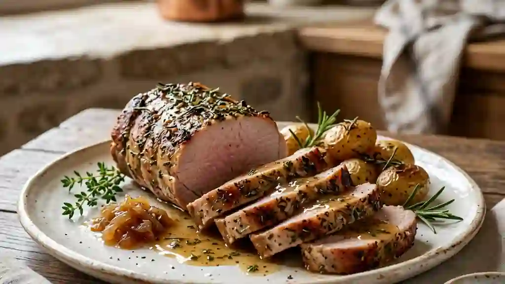 Rôti de porc juteux au thym et romarin - Photo de présentation