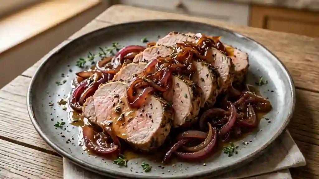 Rôti de porc fondant aux oignons caramélisés - Photo de présentation