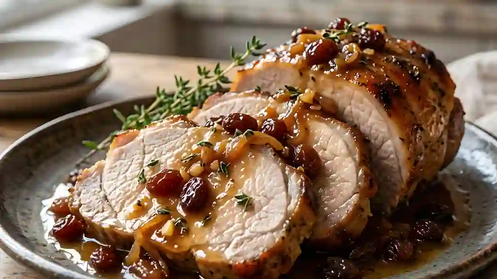 Rôti de porc caramélisé et raisins juteux - Photo de présentation