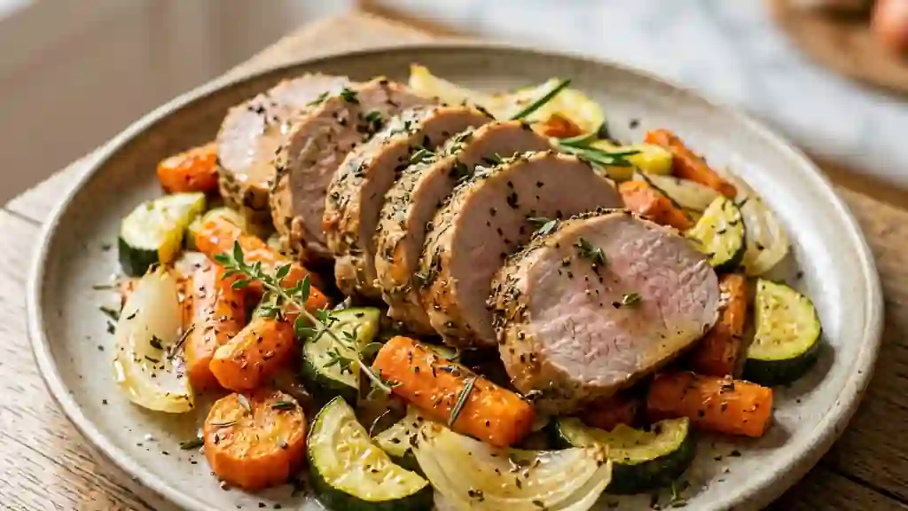 Rôti de porc tendre et ses légumes fondants - Photo de présentation