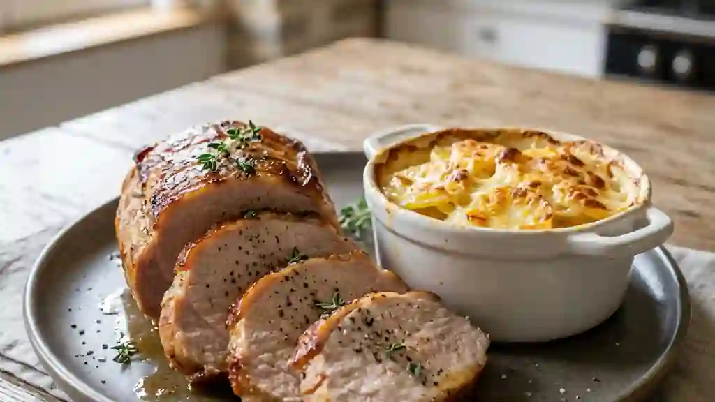 Rôti de porc juteux et son gratin crémeux - Photo de présentation