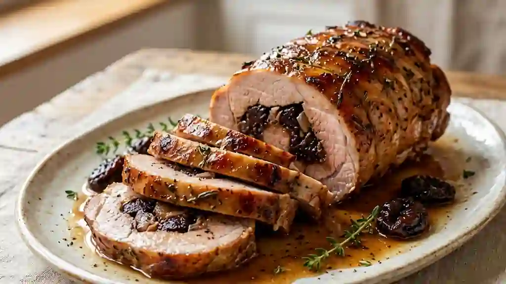 Rôti de porc aux pruneaux, fondant et caramélisé - Photo de présentation