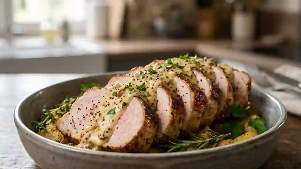 Rôti de porc tendre, sauce crème et moutarde - Photo de présentation