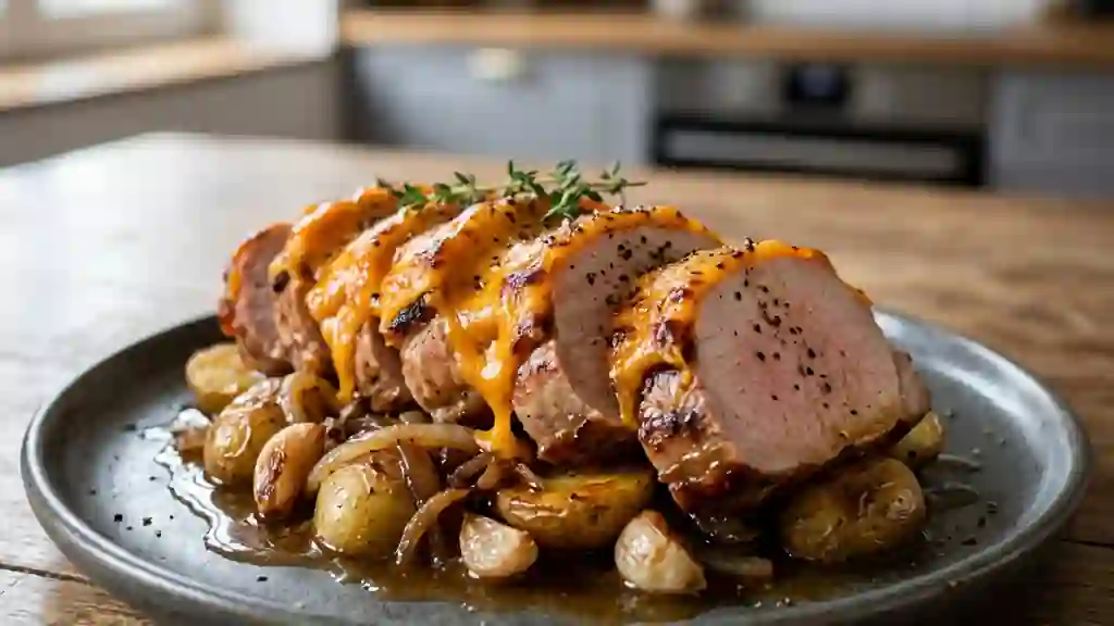 Rôti de porc fondant à la mimolette gratinée - Photo de présentation