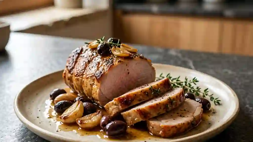 Rôti de porc caramélisé à l'ail et aux olives - Photo de présentation