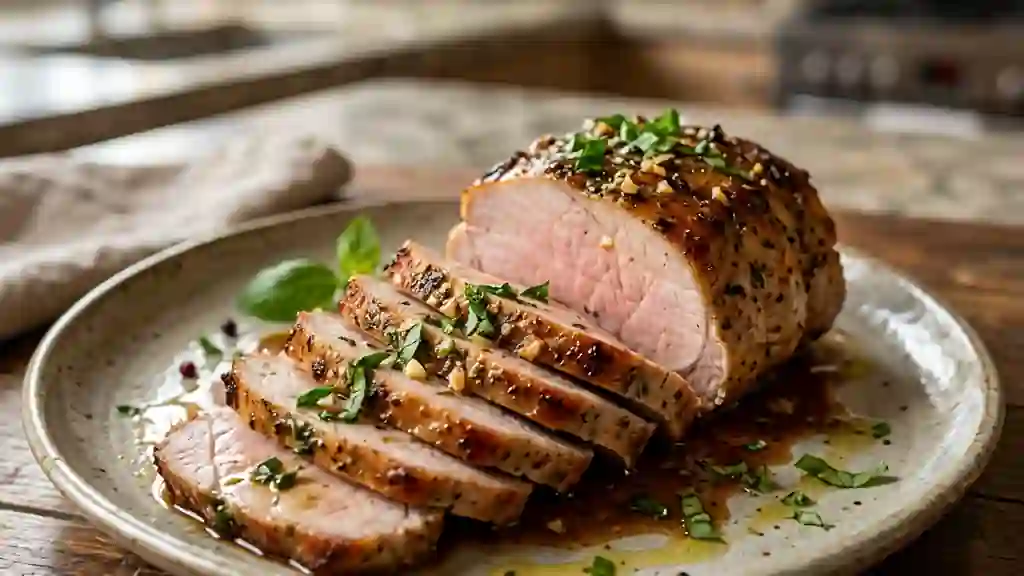 Rôti de porc juteux à l'ail et basilic frais - Photo de présentation