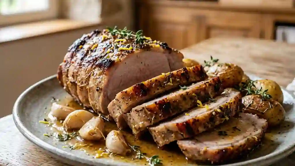 Rôti de porc juteux à l'ail et au citron - Photo de présentation