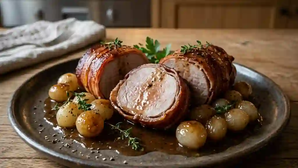 Rôti de porc lardé et oignons confits - Photo de présentation