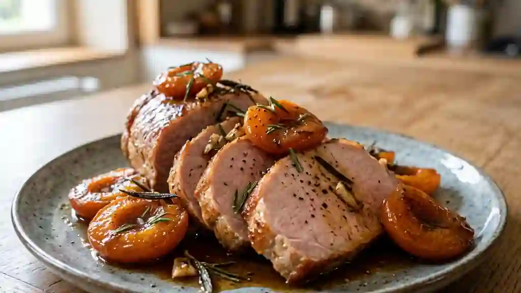 Rôti de porc confit au miel et abricots - Photo de présentation