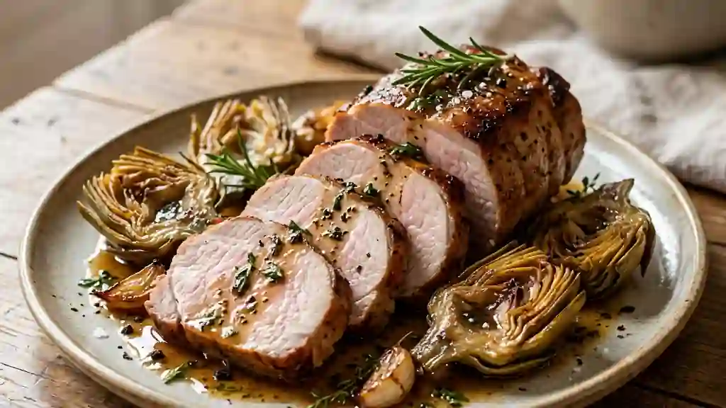 Porc juteux au romarin et artichauts confits - Photo de présentation