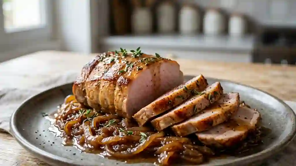 Rôti de porc juteux et son confit d'oignons - Photo de présentation