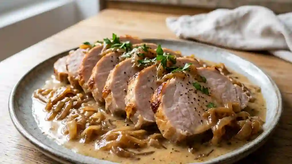Rôti de porc fondant au lait et oignons doux - Photo de présentation