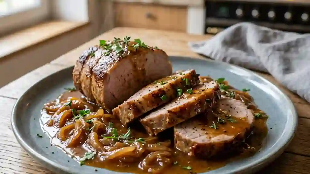 Porc rôti au Madère et oignons caramélisés - Photo de présentation