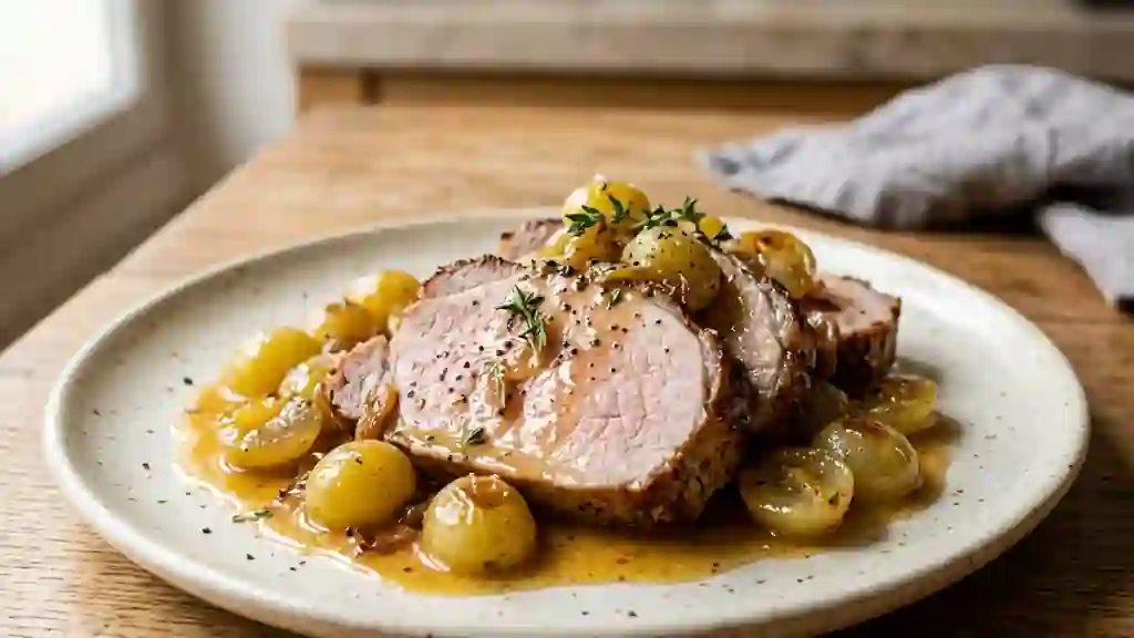 Rôti de porc fondant aux raisins et vin blanc - Photo de présentation