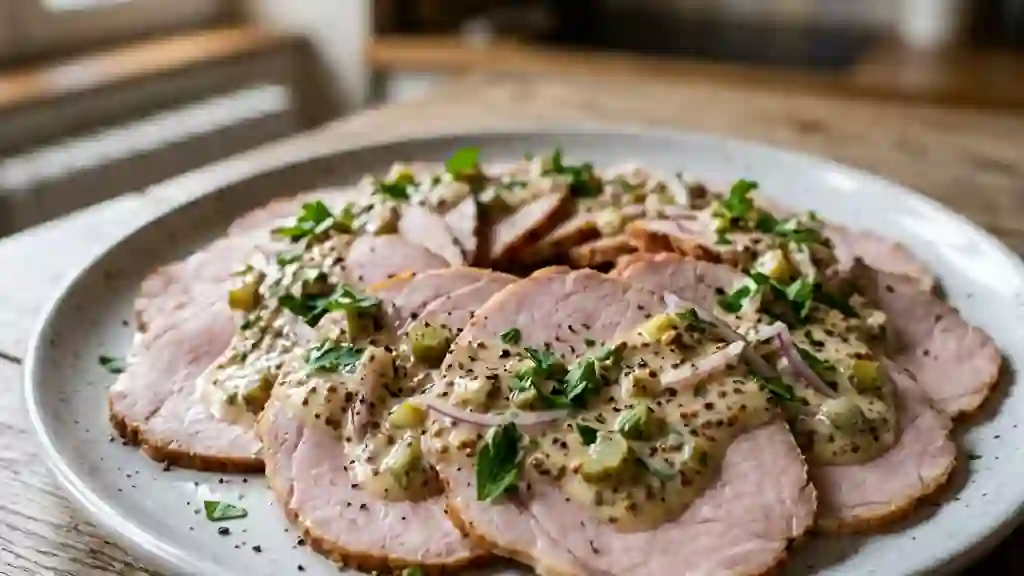 Rôti de porc froid, sauce charcutière croquante - Photo de présentation
