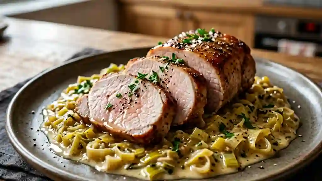 Rôti de porc juteux et sa fondue de poireaux - Photo de présentation