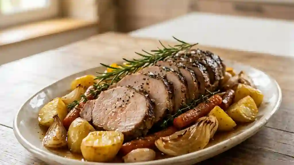 Rôti de porc juteux au romarin et légumes - Photo de présentation