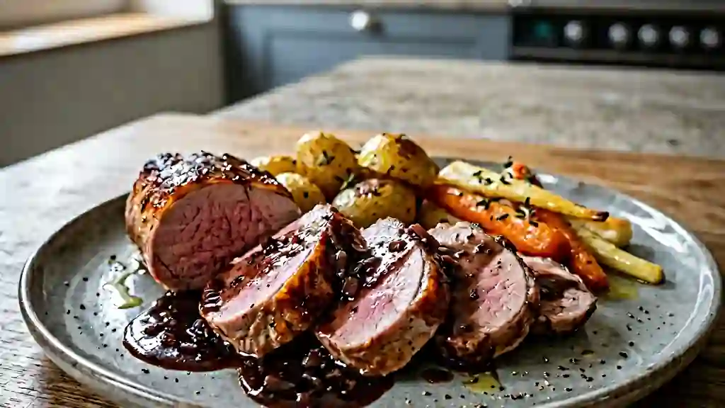 Rôti de porc fondant, sauce venaison corsée - Photo de présentation