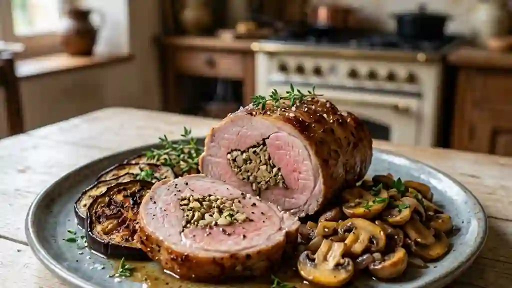 Rôti de veau farci, aubergines et champignons - Photo de présentation