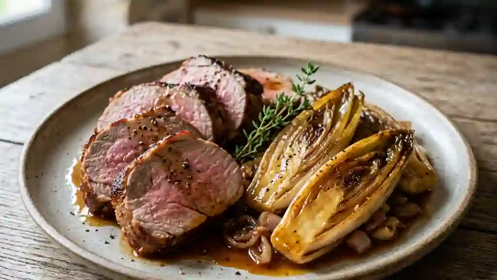 Rôti de veau fondant et endives caramélisées - Photo de présentation