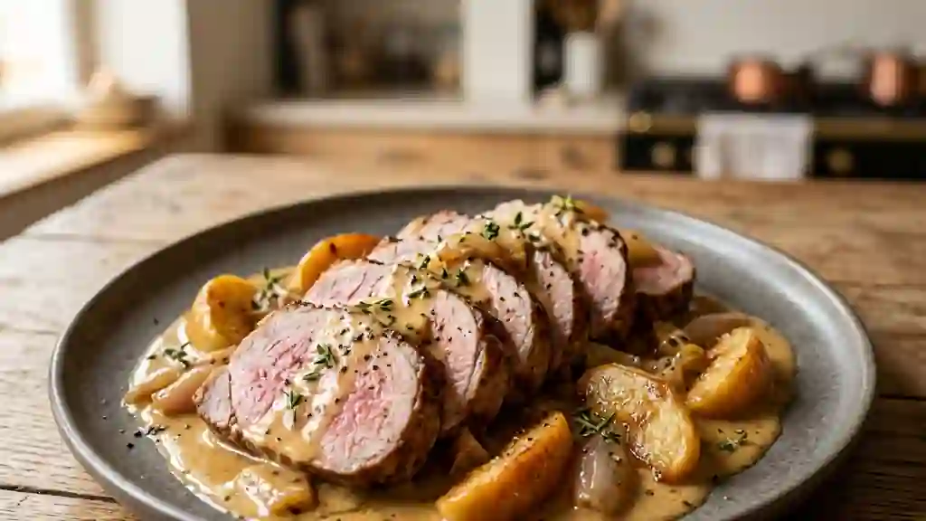 Rôti de veau fondant à la crème et pommes - Photo de présentation