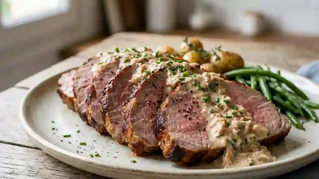 Rôti de veau fondant sauce crémeuse au thon - Photo de présentation