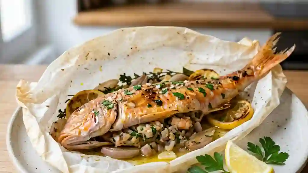 Rougets farcis fondants en papillote - Photo de présentation