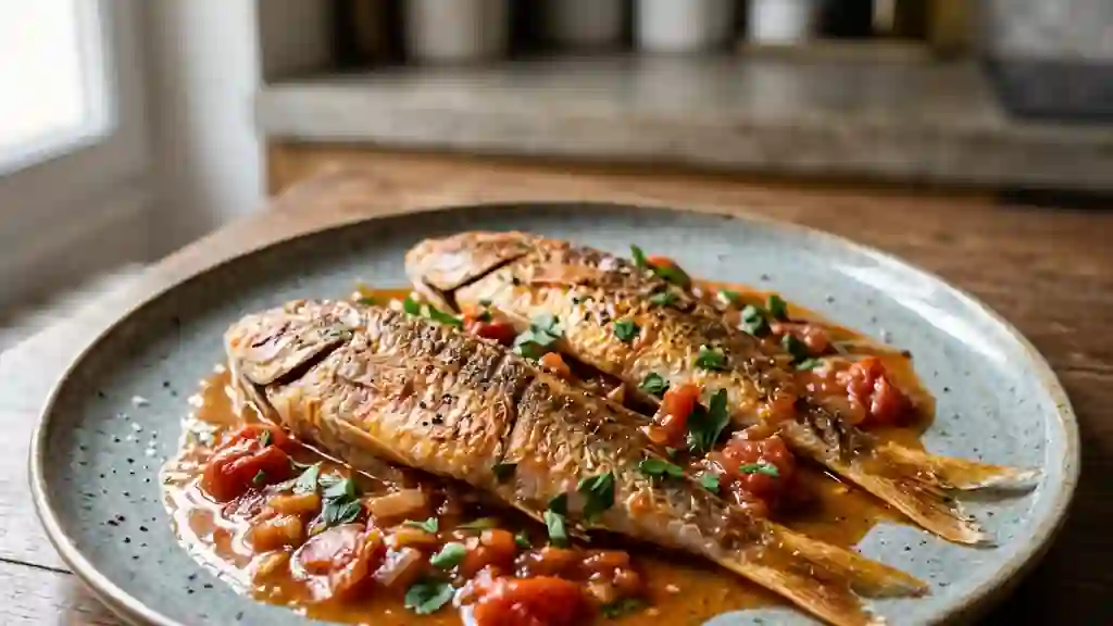 Rougets rôtis à la poêle et tomates à l'ail - Photo de présentation