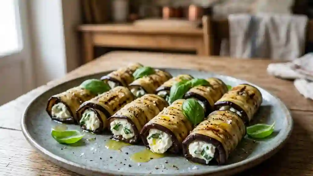 Roulades d'aubergine fondantes au fromage frais - Photo de présentation