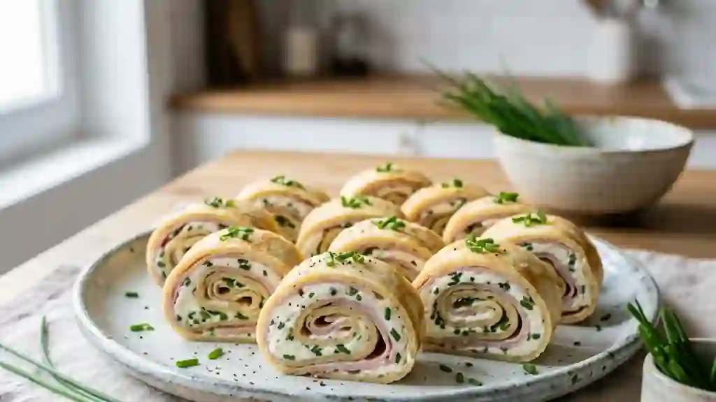 Bouchées de crêpes fondantes au jambon et frais - Photo de présentation