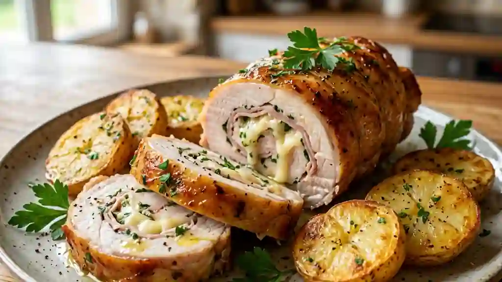 Roulé de dinde doré au fromage et pommes terre - Photo de présentation