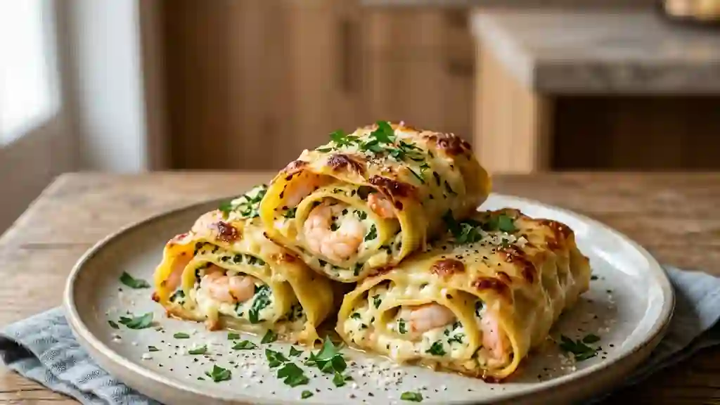 Lasagnes roulées aux crevettes et ricotta fondante - Photo de présentation