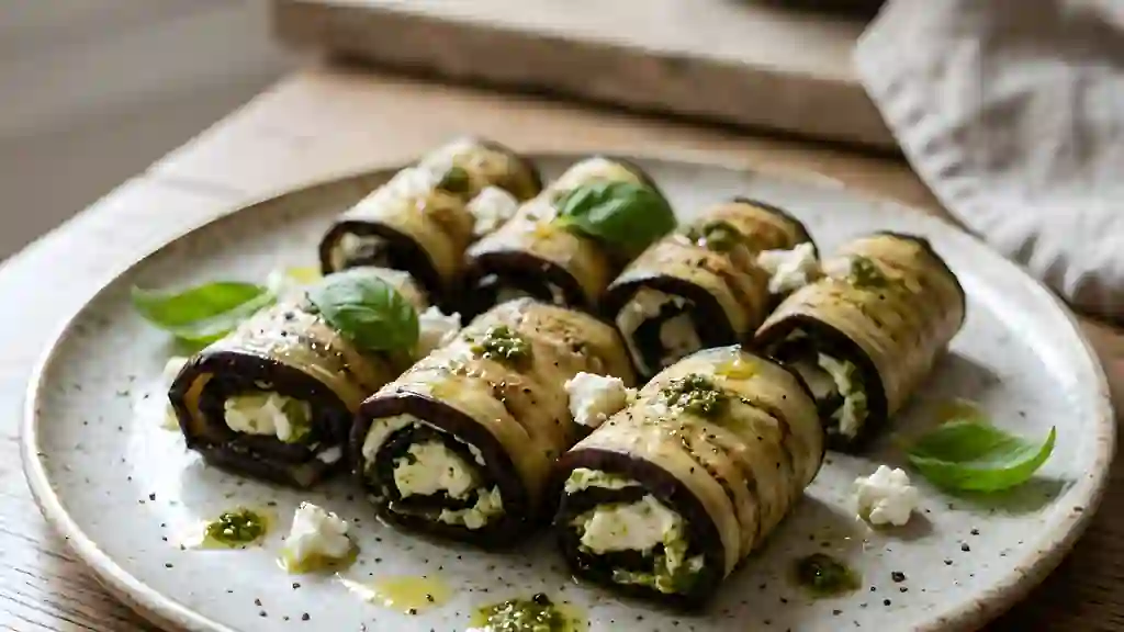 Roulés d'Aubergine Fondants au Chèvre et Pesto - Photo de présentation