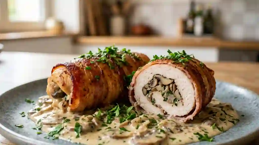 Roulés de dinde au lard et crème forestière - Photo de présentation